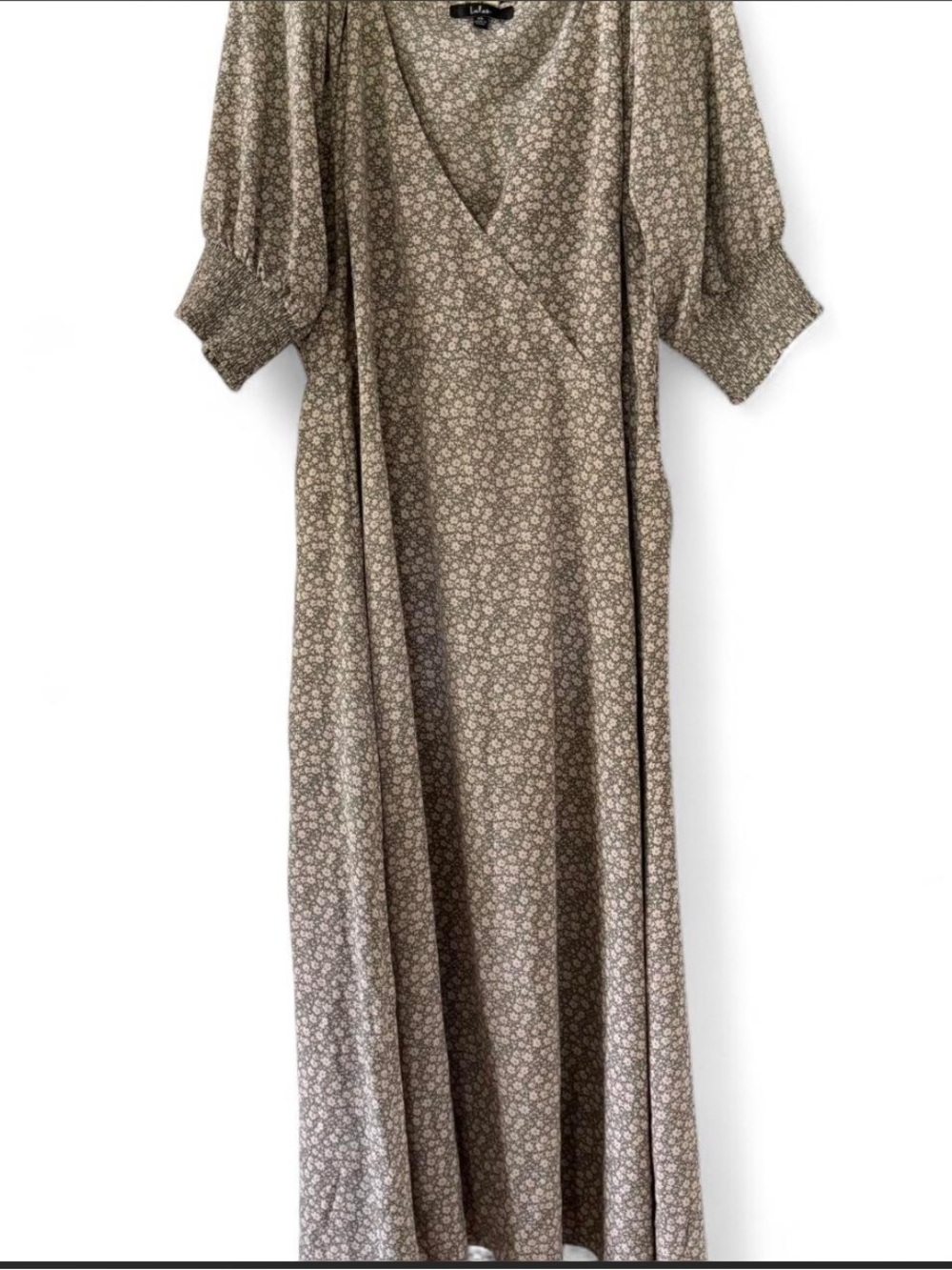 Lulu's Olive Green Floral Wrap Maxi Dress with Puff Sleeves